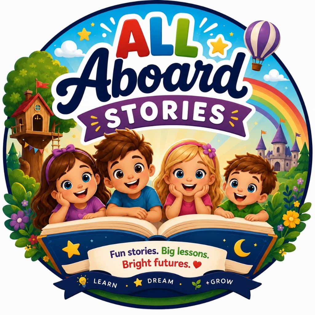 All Aboard Stories — four kids with an open storybook, fun stories, big lessons, bright futures